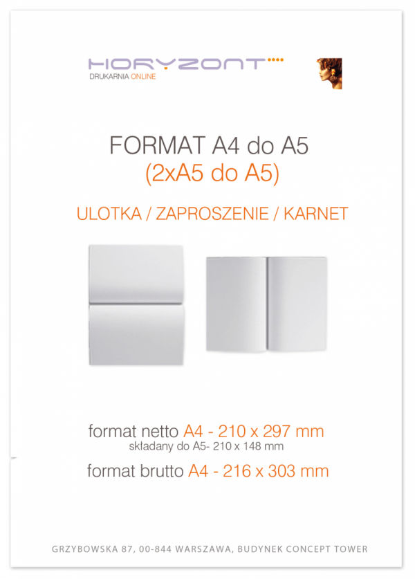 ulotka A4 składana do A5, druk pełnokolorowy obustronny 4+4, na papierze kredowym, 170 g, 125 sztuk  