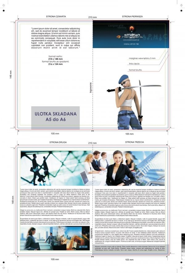 ulotka A5 składana do A6, druk pełnokolorowy obustronny 4+4, na papierze kredowym, 250 g, 25 sztuk
