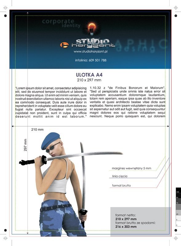 ulotka A4, druk pełnokolorowy obustronny 4+4, na papierze offsetowym 90 g, 125 sztuk 