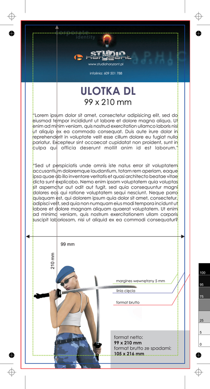 ulotka DL, druk pełnokolorowy obustronny 4+4, na papierze offsetowym 90 g, 10 sztuk 