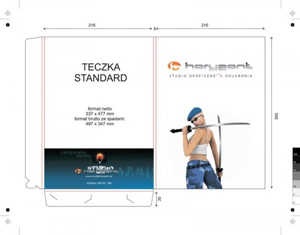 teczka standard, 337 x 477 mm, druk pełnokolorowy jednostronny 4+0, foliowana mat, kreda 350 g, 150 sztuk