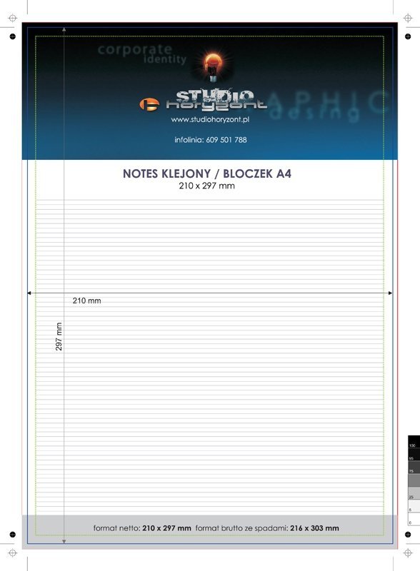 notes A4 (297 x 210 mm), druk jednostronny pełnokolorowy 4+0, offset 80 g100 kart, 50 sztuk