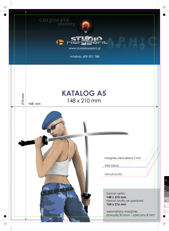 katalog A5, druk pełnokolorowy obustronny 4+4, na papierze kredowym, kreda 170 g, 52 str., 5 sztuk