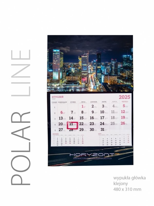 Kalendarz jednodzielny Polar Line z wypukłą główką, 310 x 480 mm, Karton 250g, Folia błysk jednostronnie, całość 310 x 480 mm, druk pełnokolorowy 4+0, 1 blok kalendarium 3-miesięczne, okienko - 400 sztuk
