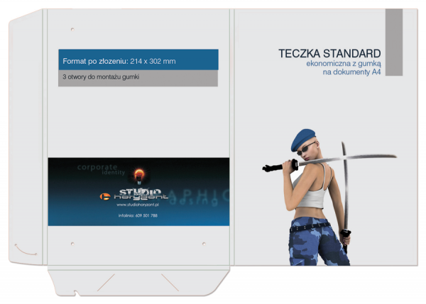 teczka standard ekonomiczna z gumką, 338 x 479 mm, druk pełnokolorowy 4+0, foliowana mat + UV, kreda 350 g, 200 sztuk