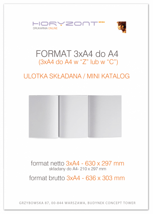ulotka 3A4 składana do A4, druk pełnokolorowy obustronny 4+4, na papierze kredowym, 250 g, 125 sztuk
