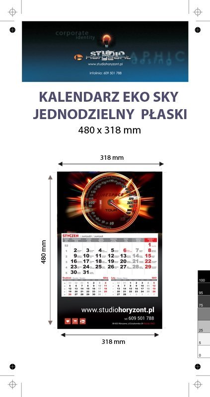 Kalendarz jednodzielny Eko Sky, płaski, druk jednostronny kolorowy (4+0), Folia błysk jednostronnie, Podkład - Karton 300 g, okienko czerwone - 150 sztuk