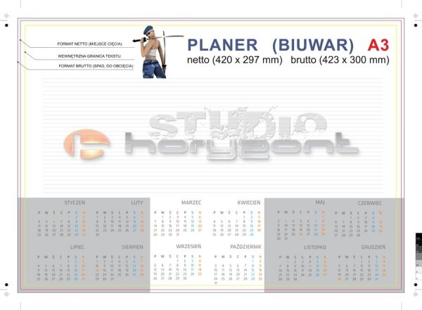 Podkład na biurko - biuwar A3 - 420 x 297 mm, offset 80g + karton na spód, 4+0, 26 kart, klejenie dolnej krawędzi - 500 sztuk