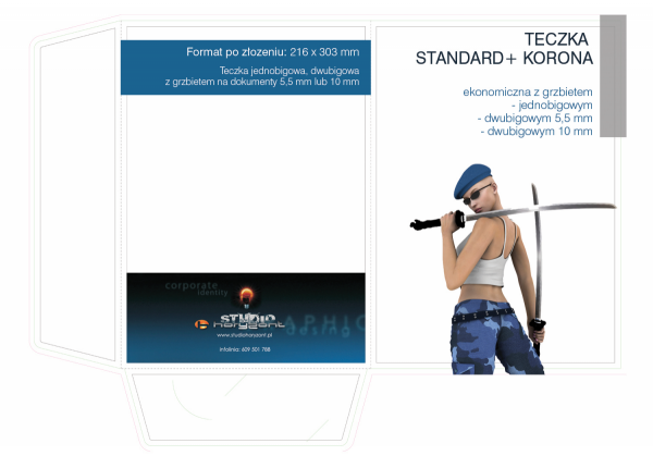 teczka Standard+ Korona, druk pełnokolorowy jednostronny 4+0, foliowane mat + uv, kreda mat 350 g, 150 sztuk