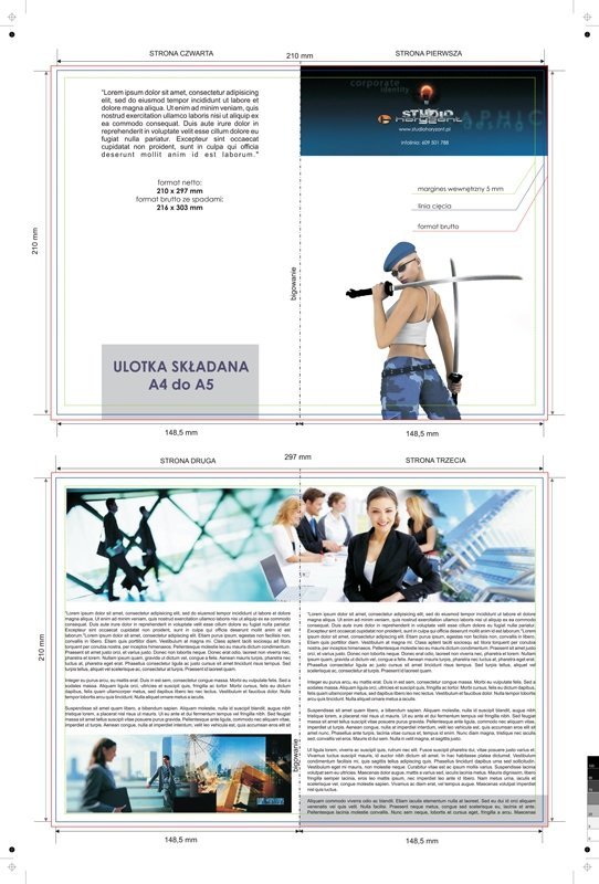 ulotka A4 składana do A5, druk pełnokolorowy obustronny 4+4, na papierze kredowym, 130 g, 25 sztuk 