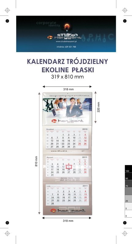 Kalendarz trójdzielny EKOLINE (płaski) bez koperty, druk jednostronny kolorowy (4+0), podkład - karton 300 g, 3 białe bloki, okienko - 800 sztuk