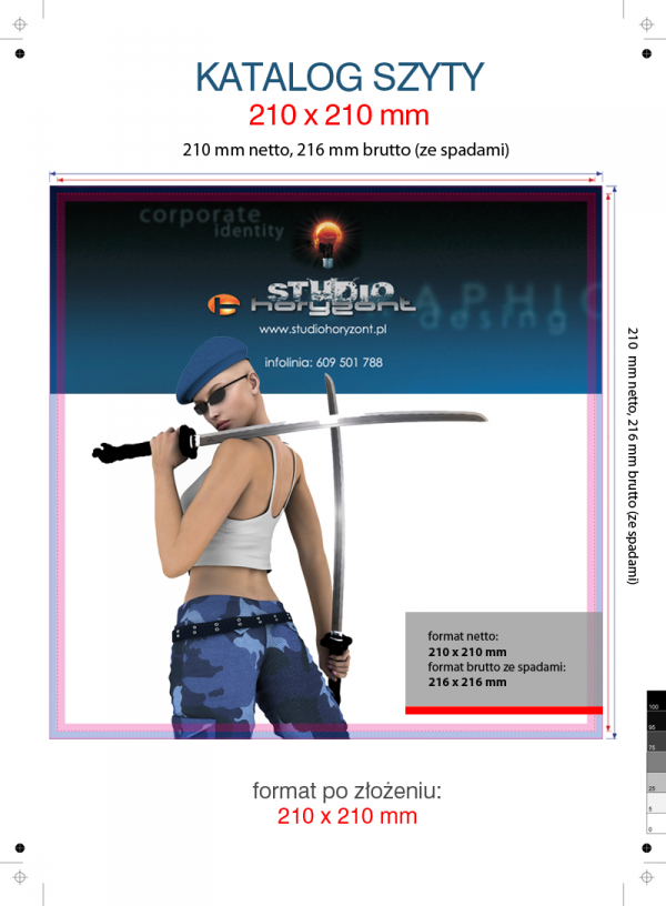 katalog 210 x 210 mm, druk pełnokolorowy obustronny 4+4, na papierze kredowym: okładka 250 g foliowana + środki 130 g, 48 str., 400 sztuk
