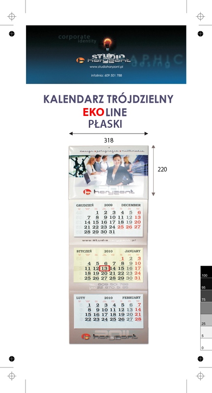 Kalendarz trójdzielny EKOLINE (płaski) bez koperty, druk jednostronny kolorowy (4+0), podkład - karton 300 g, 3 białe bloki, okienko - 1000 sztuk