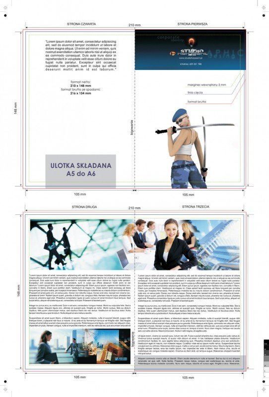 ulotka A5 składana do A6, druk pełnokolorowy obustronny 4+4, na papierze kredowym, 170 g, 150 sztuk