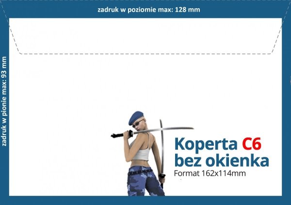 Koperty C6 - 162 x 114 mm, Druk pełnokolorowy (zadruk ramka 128 x 93 mm), Offset 70 g - 500 szt.