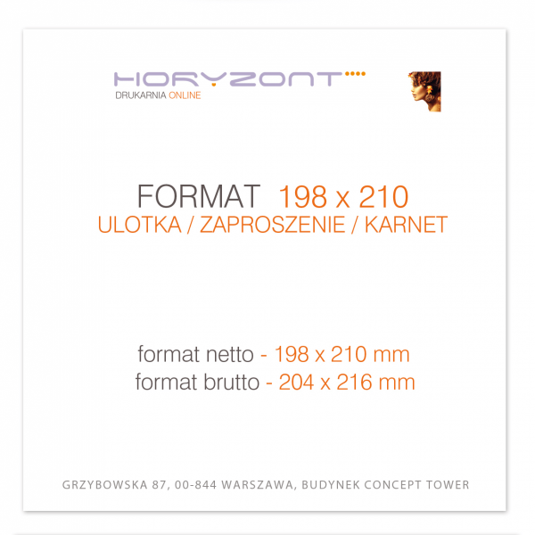 ulotka 198 x 210 mm, druk pełnokolorowy obustronny 4+4, na papierze kredowym, 130 g, tryb ekspres 50 sztuk