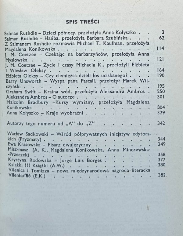 Literatura na świecie 10/1986 • Salman Rushdie, JM Coetzee - spis treści