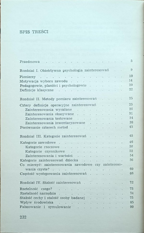 Donald Super Psychologia zainteresowań - spis treści