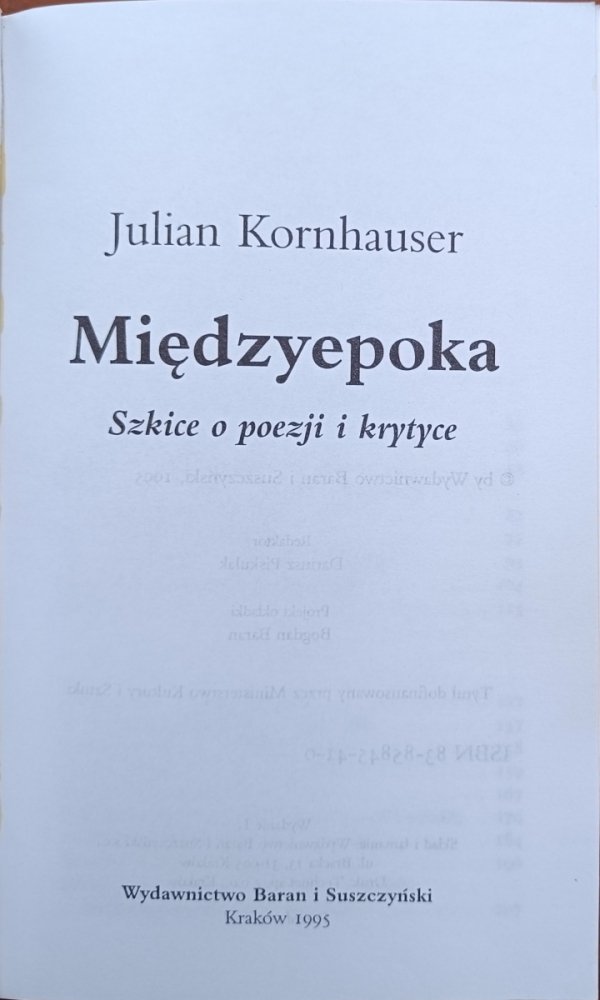 Julian Kornhauser • Międzyepoka. Szkice o poezji i krytyce