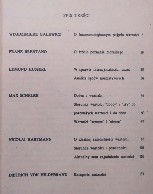 Z fenomenologii wartości - spis treści