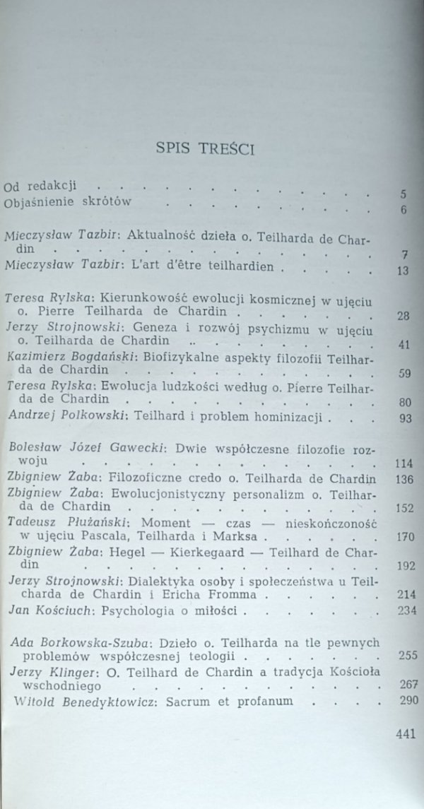 Mieczysław Tazbir Myśl o. Teilharda de Chardin w Polsce - spis treści