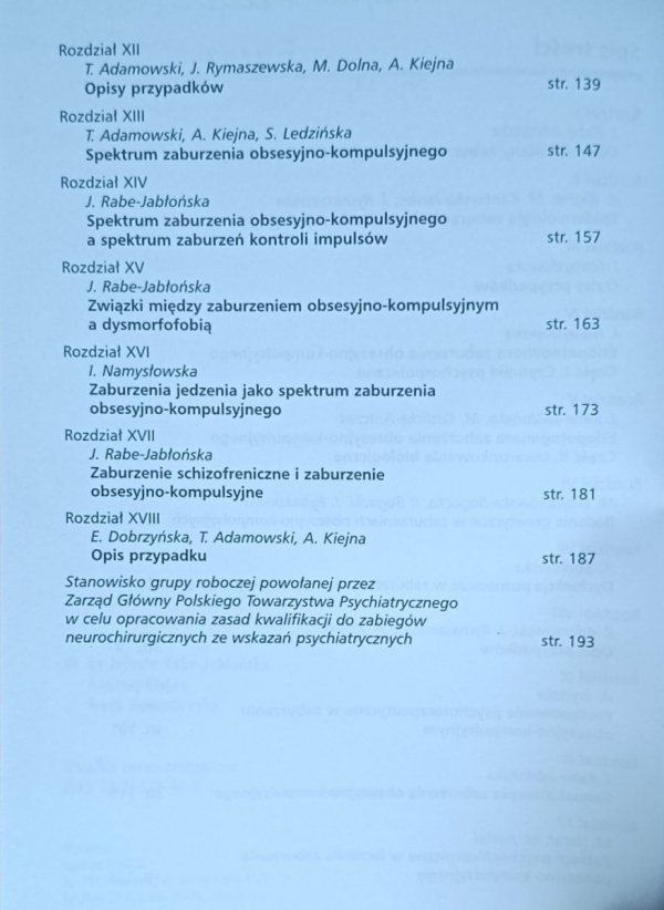 Jolanta Rabe - Jabłońska • Zaburzenia obsesyjno - kompulsyjne - spis treści