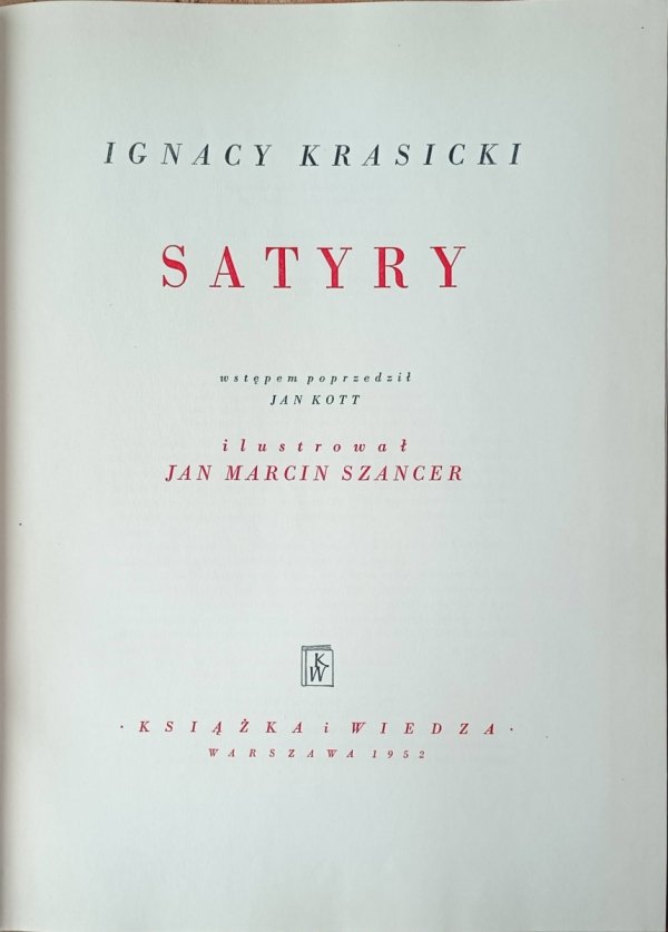 Ignacy Krasicki  Satyry | Szancer, 1952 - strona tytułowa