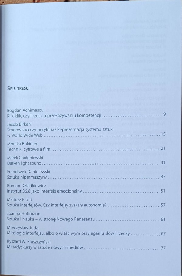 red. Antoni Porczak Interfejsy sztuki - spis treści