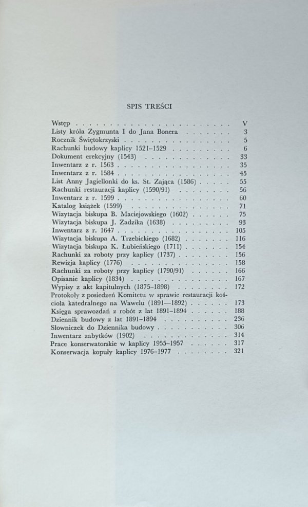 Antoni Franaszek, Bolesław Przybyszewski • Kaplica Zygmuntowska - spis treści