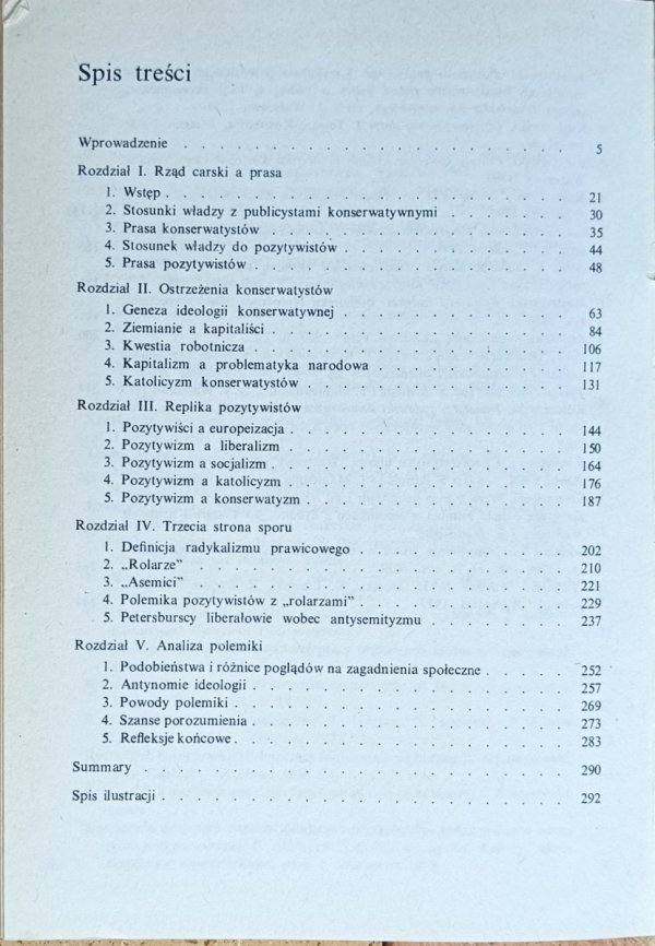 Andrzej Jaszczuk  Spór pozytywistów z konserwatystami o przyszłość Polski 1870-1903, spis treści