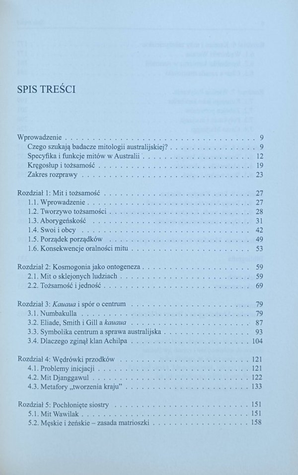 Spis treści książki &quot;Mitologia australijska jako nośnik tożsamości&quot; autorstwa Andrzej Szyjewski (część 2)