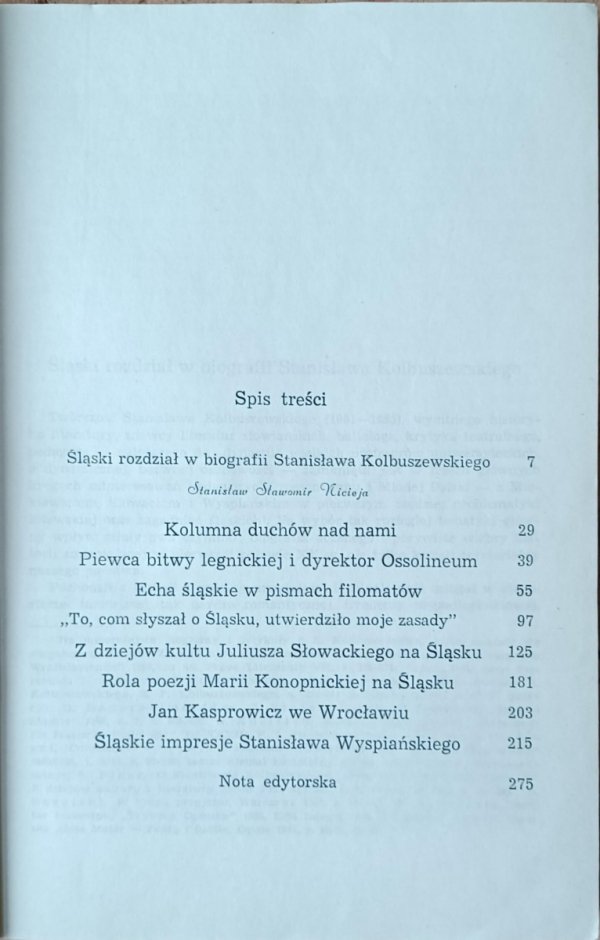 Stanisław Kolbuszewski Kolumna duchów nad nami. Prace historycznoliterackie o tematyce śląskiej - spis treści