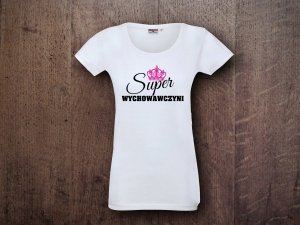 Biała, bawełniana damska koszulka z nadrukiem Super Wychowawczyni  - Studioix.pl
