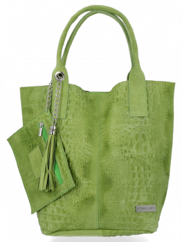 Włoskie Torebki Skórzane Shopper Bag w motyw aligatora firmy Vittoria Gotti Jasno Zielona