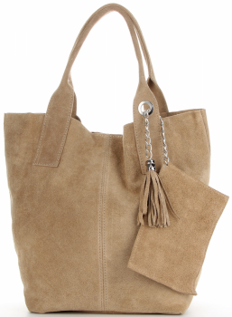 Włoska Torebka Skórzana  Shopper bag Zamsz Naturalny Ciemno Beżowa