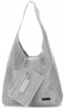Torebki Skórzane Vittoria Gotti Włoski Shopper XL wzór Aligatora Jasno Szara