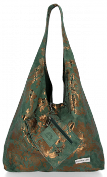 Modna Torebka Skórzana w kwiaty XL firmy Vittoria Gotti Shopper z Etui Butelkowa Zieleń