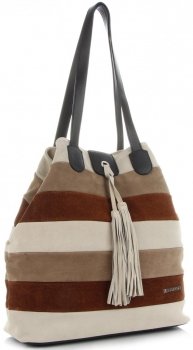 Vittoria Gotti Modna Kolorowa Torba Skórzana w Paski firmowy Shopper Made in Italy Multikolor Beżowa