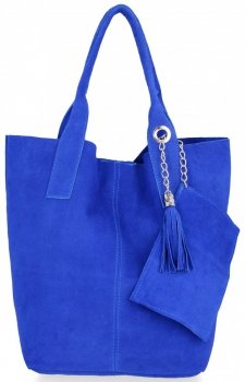 Włoska Torebka Skórzana  Shopper bag Zamsz Naturalny Kobaltowa