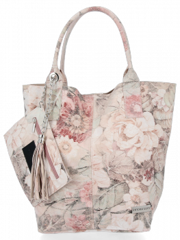 Modna Torebka Skórzana Shopper Bag w kwiaty firmy Vittoria Gotti Pudrowy Róż