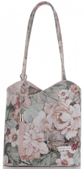 Uniwersalna Torebka Skórzana z funkcja plecaczka firmy Vittoria Gotti Made in Italy we wzory Kwiatów Różowa