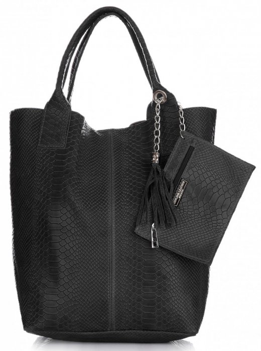 Włoskie Torebki skórzane typu Shopper bag Aligator Czarna