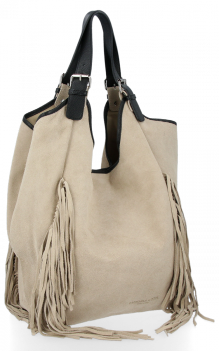 Modne Torebki Skórzane Shopper Bag z Frędzlami firmy Vittoria Gotti Beżowa
