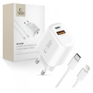 Szybka Ładowarka Sieciowa Tech-Protect NCA45W-GAN 2-Port PD 45W / QC3.0 + Kabel Lightning White