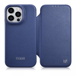 iCarer CE Premium Leather Folio Case skórzane etui iPhone 14 Pro z klapką magnetyczne MagSafe niebieski (WMI14220714-BU)