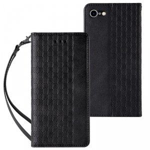 Magnet Strap Case etui do iPhone SE 2022 / SE 2020 / iPhone 8 / iPhone 7 pokrowiec portfel + mini smycz zawieszka czarny