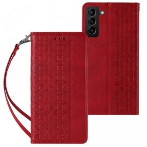 Magnet Strap Case etui do Samsung Galaxy S22 Ultra pokrowiec portfel + mini smycz zawieszka czerwony