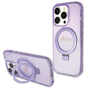 Guess GUHMP15LHRSGSU iPhone 15 Pro 6.1 fioletowy/purple hardcase Ring Stand Script Glitter MagSafe