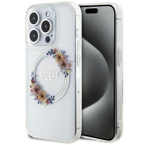 Guess GUHMP15XHFWFCT iPhone 15 Pro Max 6.7 transparent hardcase IML Flowers Wreatch MagSafe