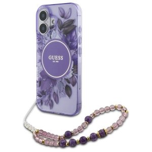 Guess GUHMP16MHFWBRCESU iPhone 16 Plus6.7 fioletowy/purple hardcase IML Flowers With Pearl Strap MagSafe